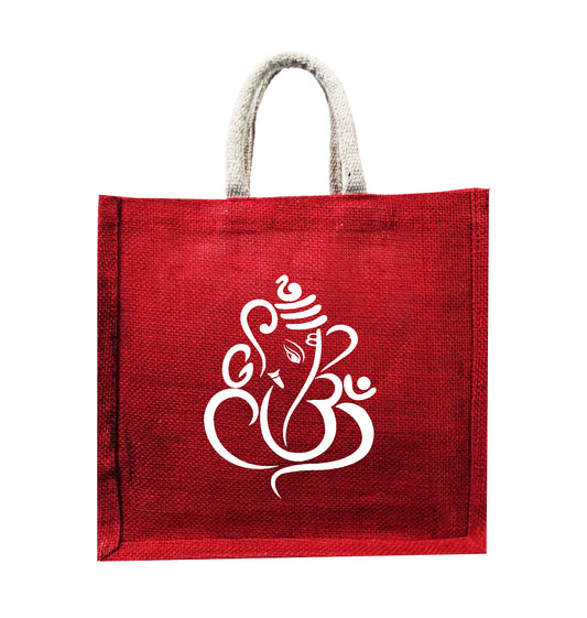 Handmakers Red Jute Ganesh Print Bag | Eco Return Gift Bags