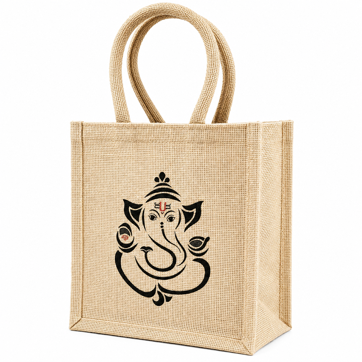 Handmakers Jute Gift Bag 8x8x5 Inch with Ganesh Print | Eco-Friendly Tote Bag for Return Gifts, Wedding & Festive Gifting pack of 1