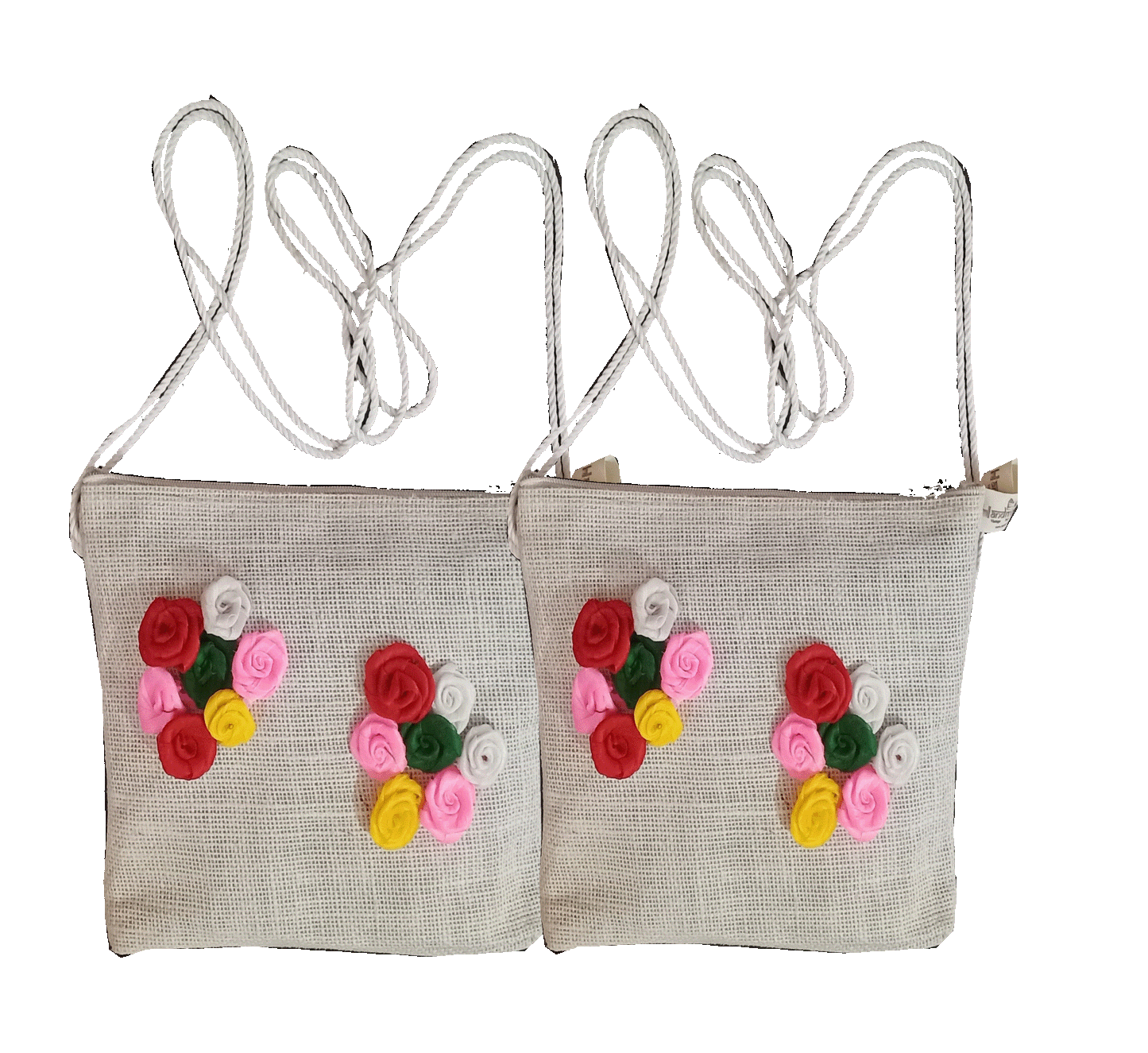 Natural Pure White Jute Bag With Flower Design