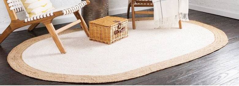 Oval Shape White & Yellow Jute area rug