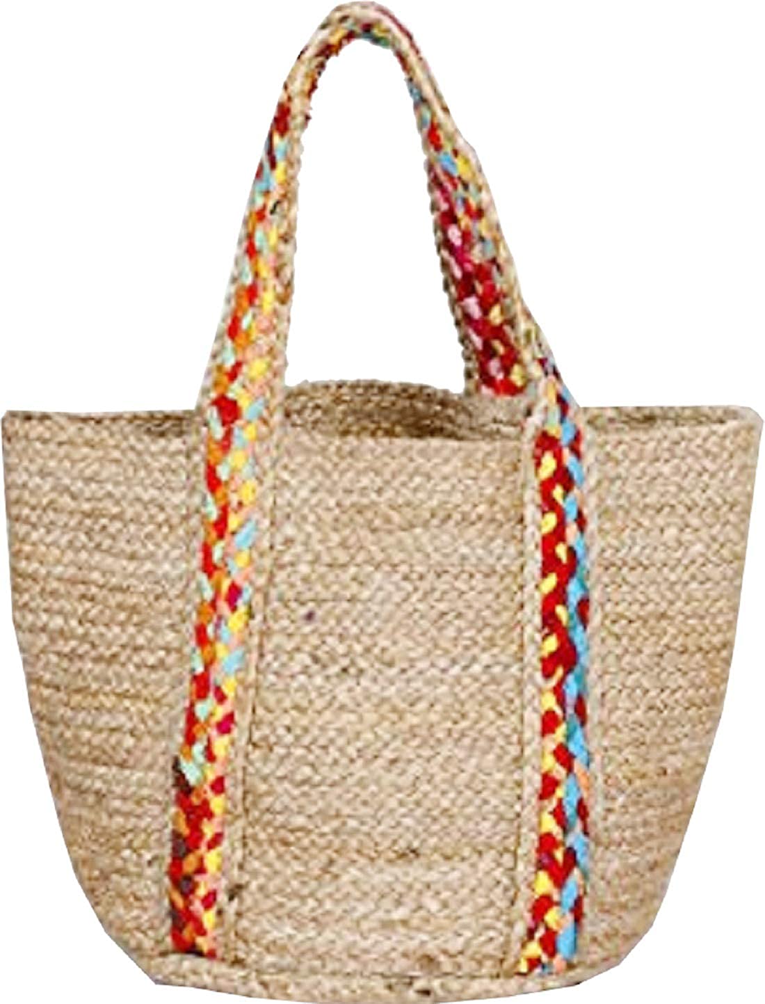 Jute Hand Bag With Chindi Strip Natural Pure White Jute Bag With Flower DesignHand Made Jute Bag