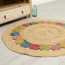 	 Natural Inner Circle Jute Area Rug With Multicolo Circle - 90 CM