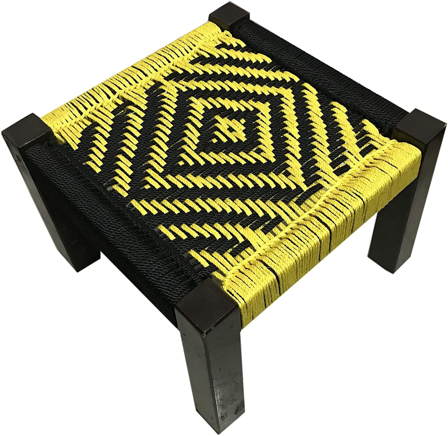 Wooden stool with yellow and black weaving for garden