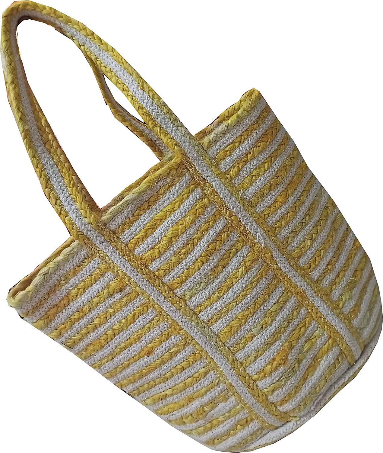 Handmakers Women's Jute Yellow and Beige Handbag