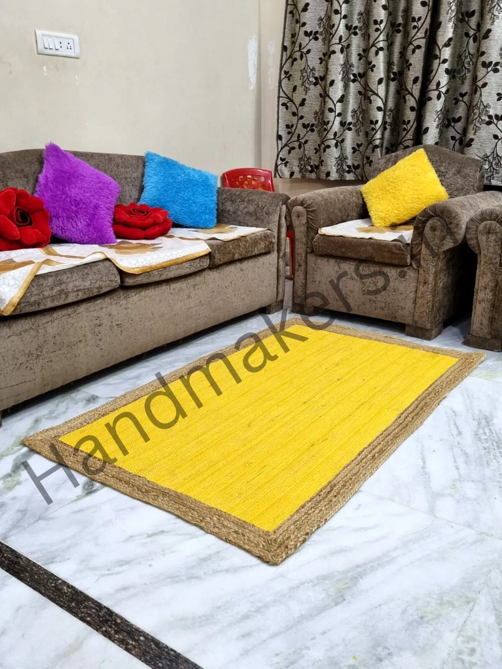 Handmakers Natural Rectangle Jute Carpet with Yellow color