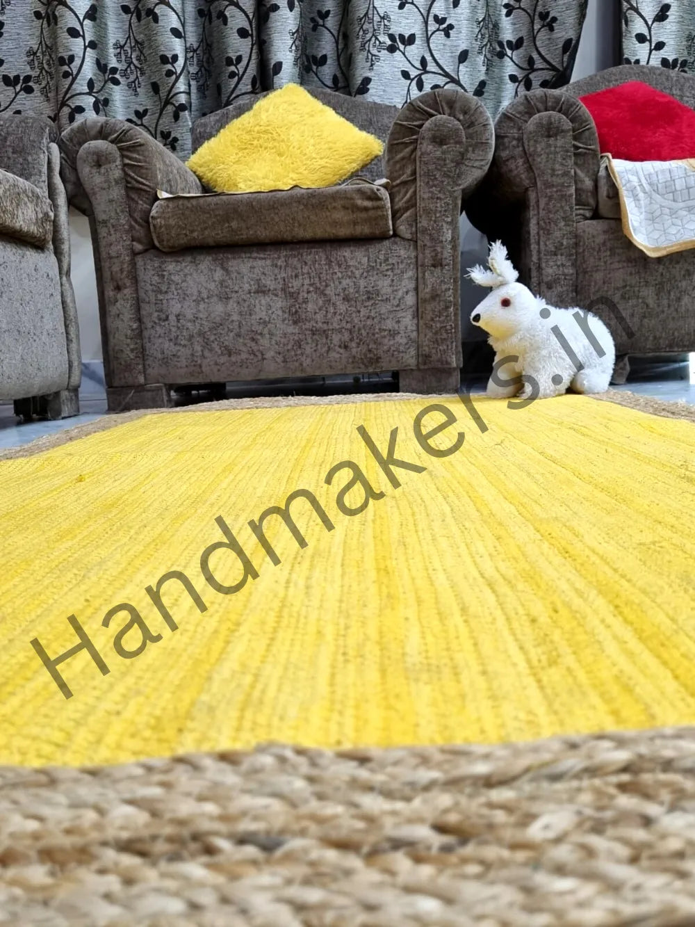 Handmakers Natural Rectangle Jute Carpet with Yellow color