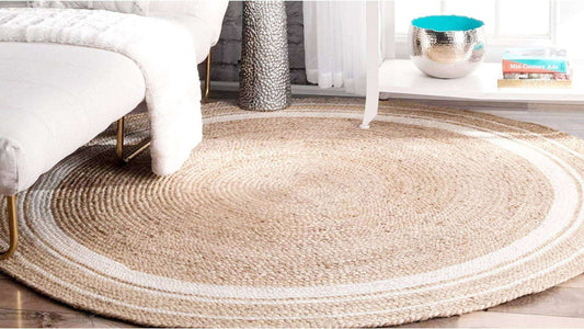 Handcrafted jute rug featuring playful stripes in beige and white