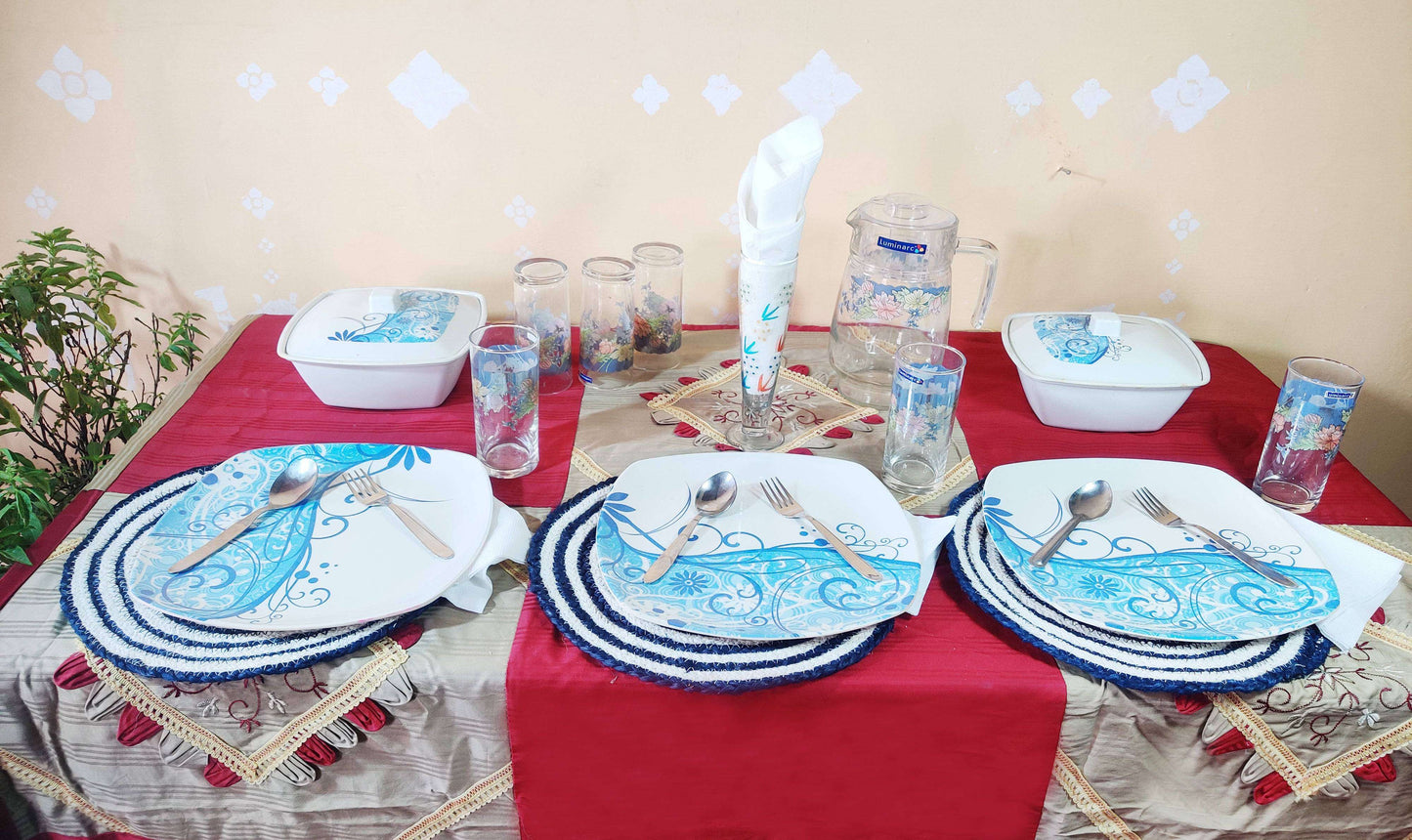 Jute Place Mats With White and Blue  SET of 4 Pcs- 30 CM