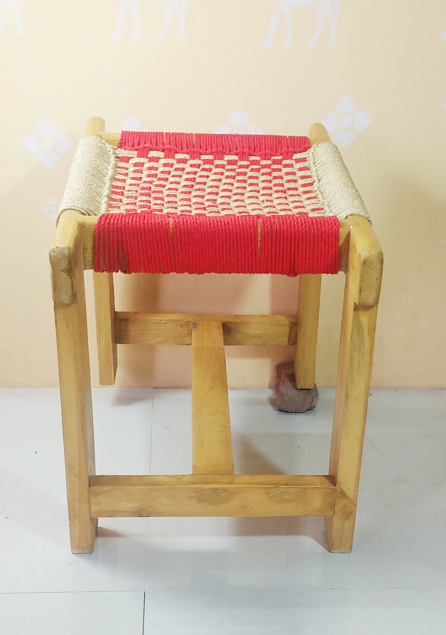 Red & Beige Wooden Weaving Chowki With Chess Board Design