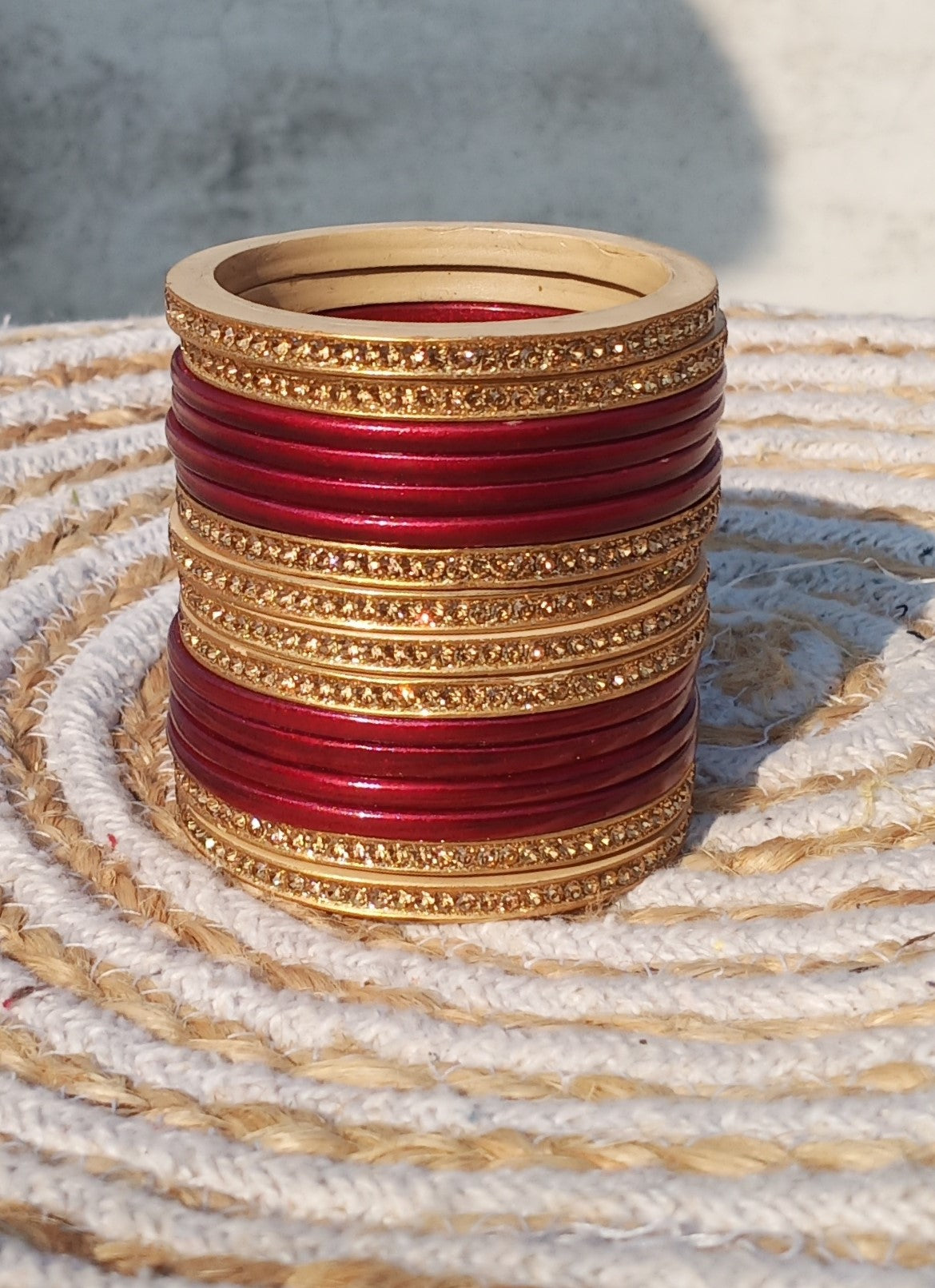 Handmakers ! Traditional Lac Bangles in Maroon with Golden color set of(8+8)