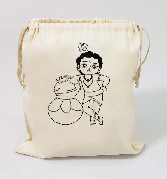 Krishna print white potli bags