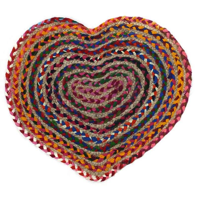 Handcrafted heart-shaped rug made from jute and cotton