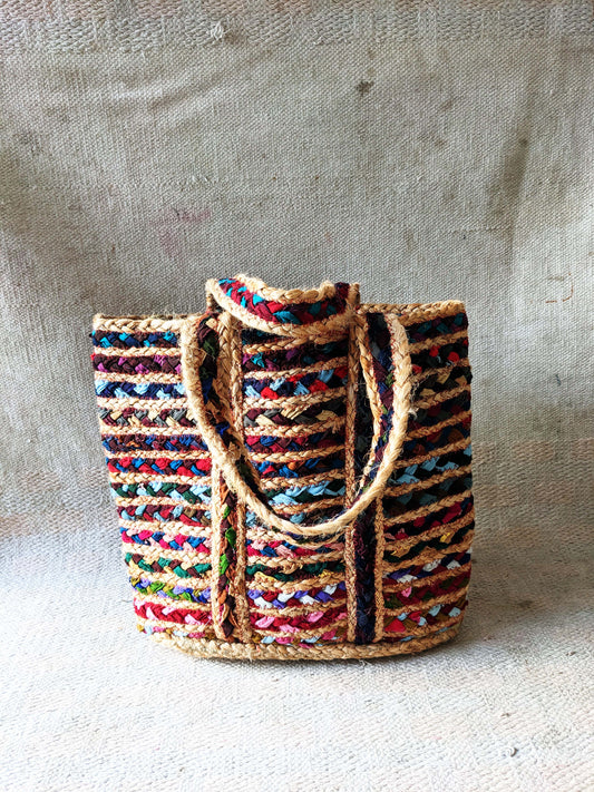 Handmakers Jute Woven Handbags with Multicolor Strips