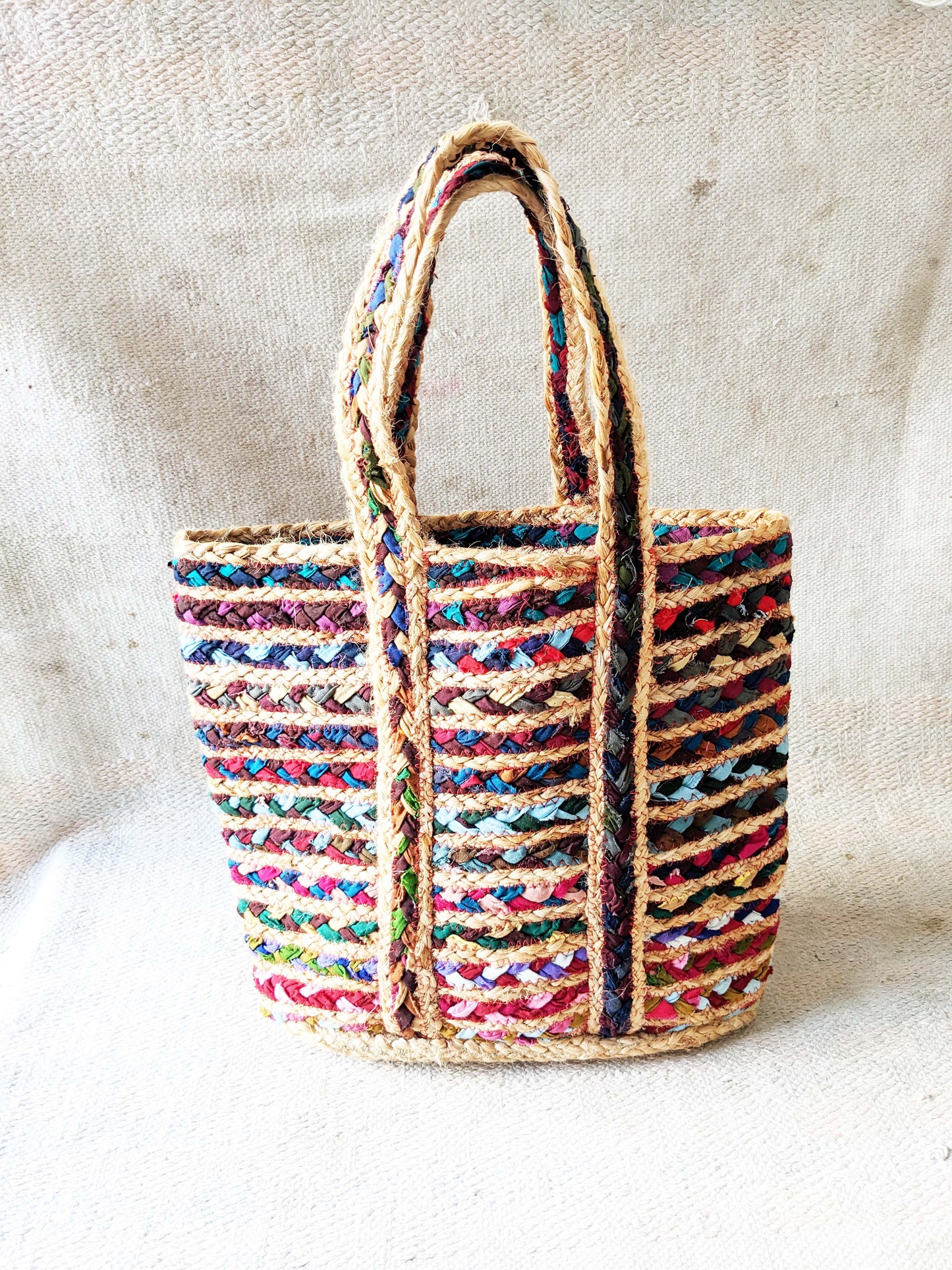 Handmakers Jute Woven Handbags with Multicolor Strips