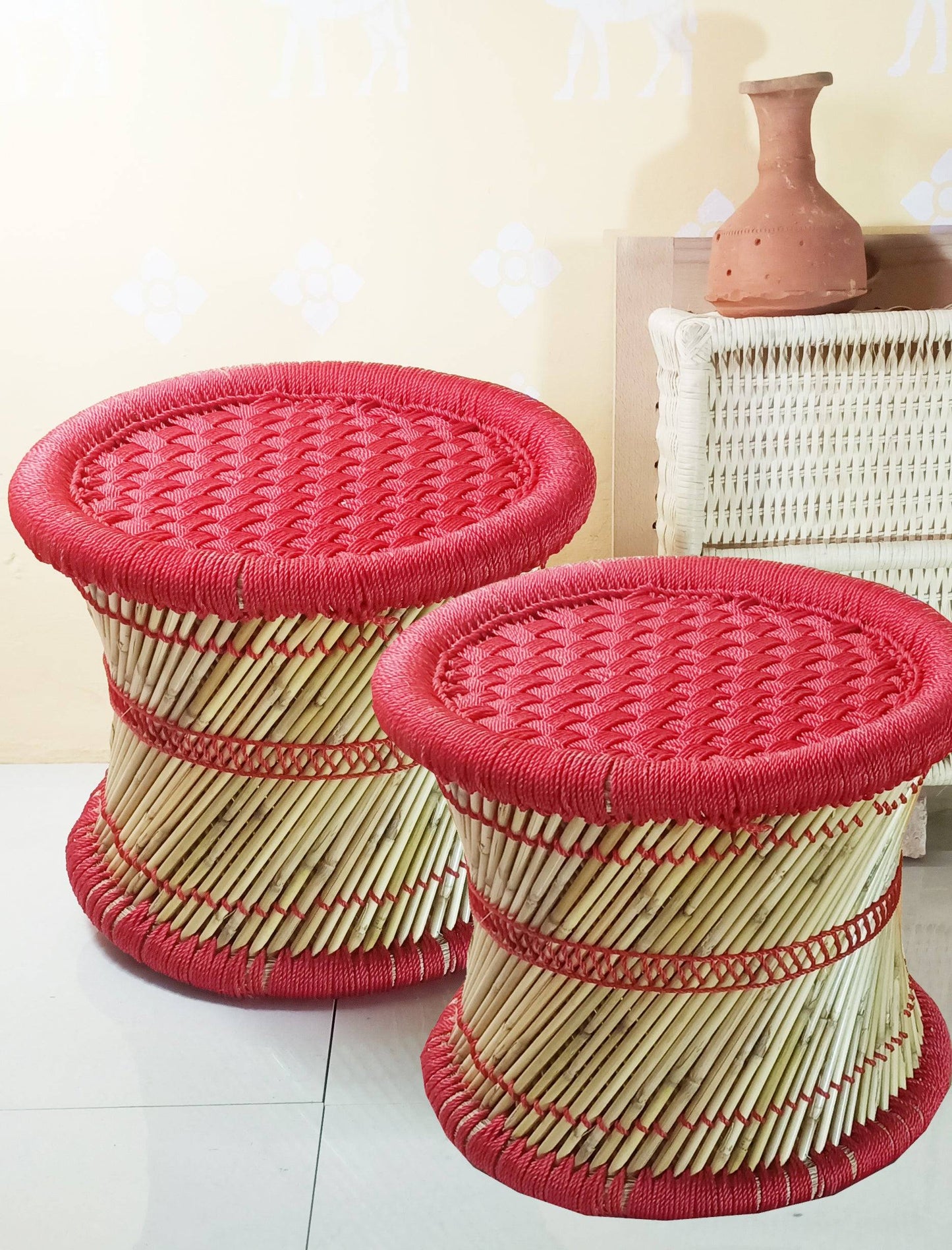 Bamboo stool with red color