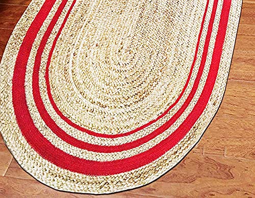 Oval Shape Runner With Beige and Red Strips - 3 X 6 Carpet