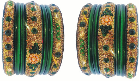 Enthic Traditional Rajasthani Bradal And Partywear Lac Bangles For Women in Green Color set of (7+7)