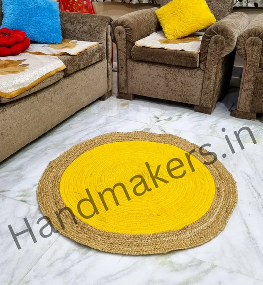 Round jute rug with cheerful yellow and calming beige stripes