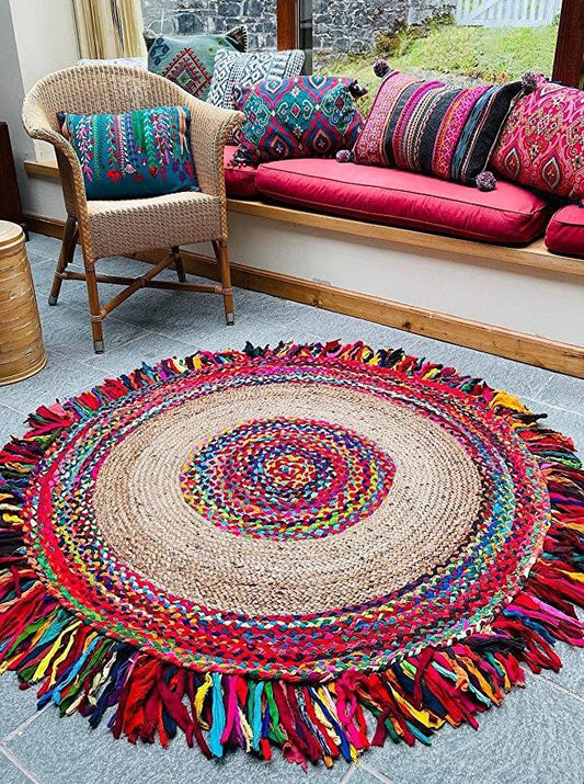 Handcrafted jute rug with colorful cotton accents.