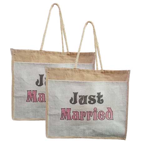 	 Natural Jute Cloth Handbag With Just Married (Set of 2)
