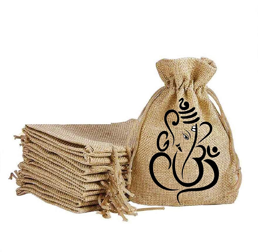 	 Jute Polit Bag for Return Gift | Shagun Bag with Ganesh Design - (Set of 15 Pcs)