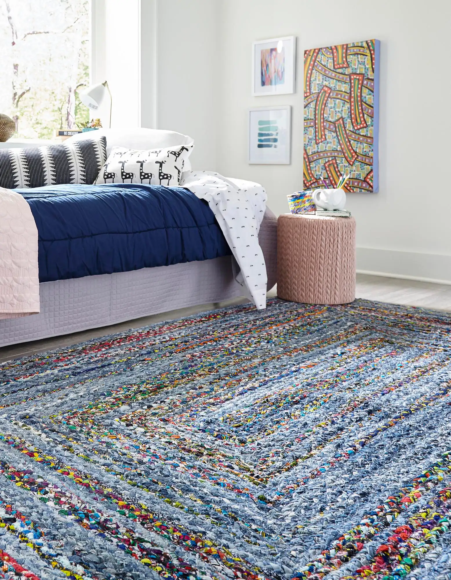 Jute Floor Mat With Beige and Blue Rectangular Shape- 4 X 6 FT Carpet! Jeans and Jute rectangle shape carpet runner