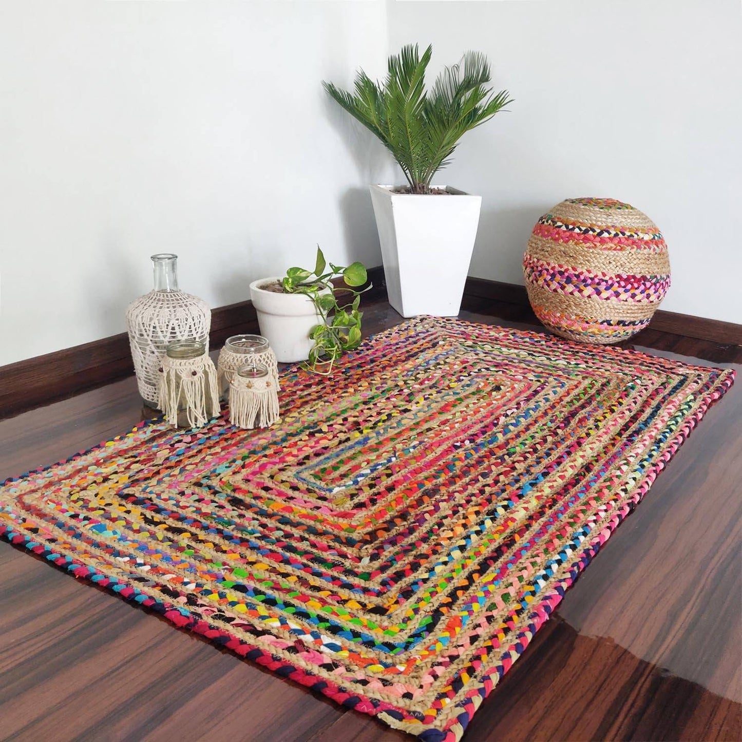 Cotton & Jute Multicolor Runner With Rectangle Shape- 3 X 5 FT