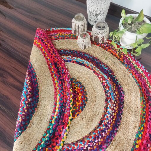 Jute Indoor Rugs With Beige and Multicolor Strips - 90 CM