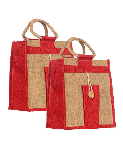 Natural Jute Cloth Handbag With Red and Beige ( Set of 2)