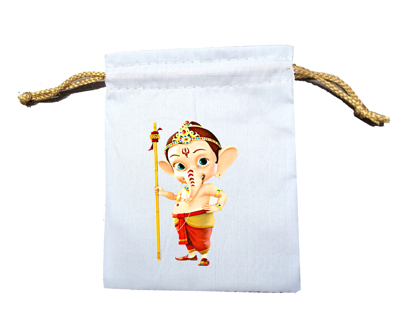 Handmakers Multicolor  Ganesh Print Cotton White Potli Bags 5X7inch Pack of 10