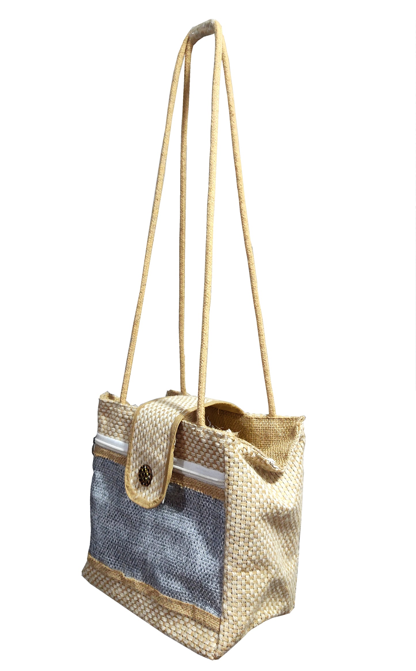 Handmakers Eco friendly Jute women sling bag with check print with grey cloth cotton